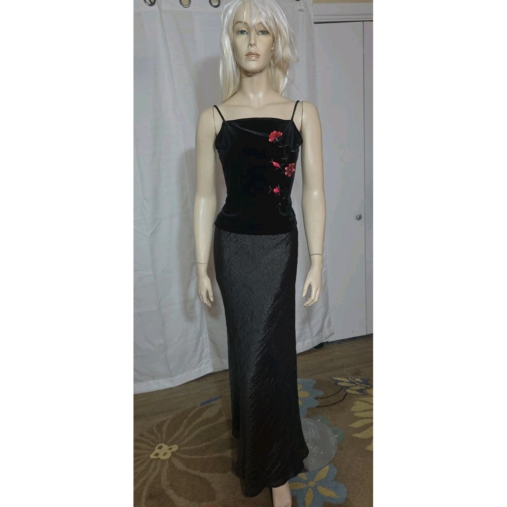 Vintage Prom Set Maxi 7 Black Velvet Fairy WhimsiGoth 90s Y2K‎ Floral Backless